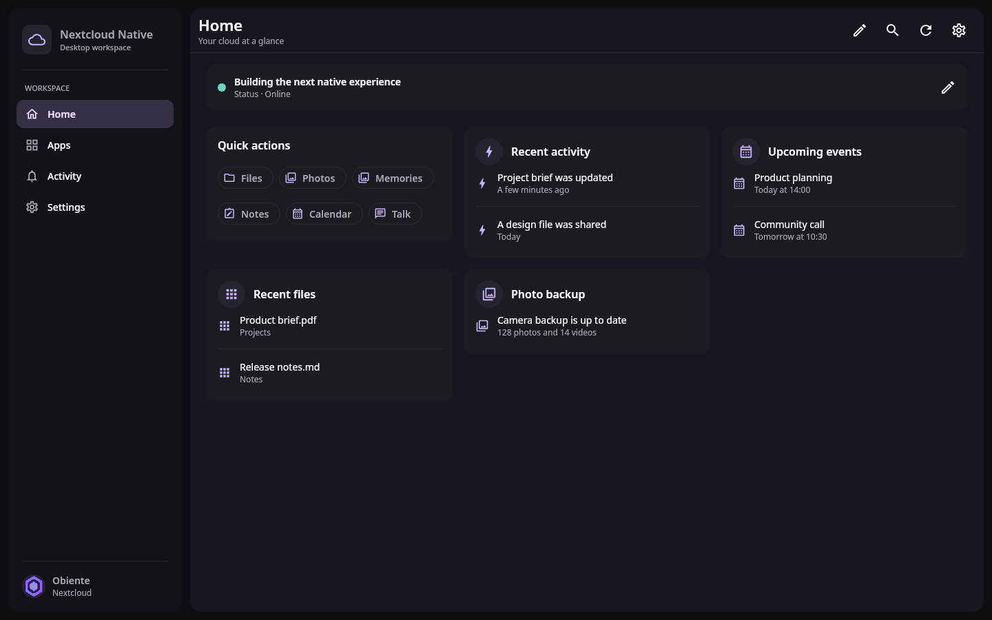 Workspace Home dashboard: Ready