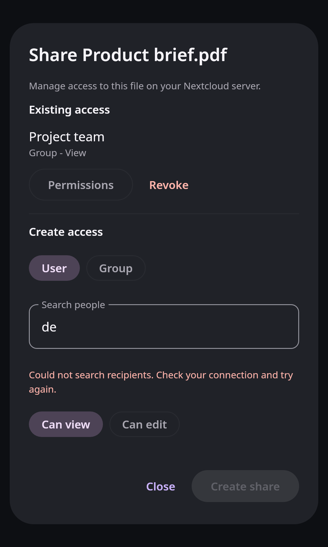 Files Share dialog: Recipient search error