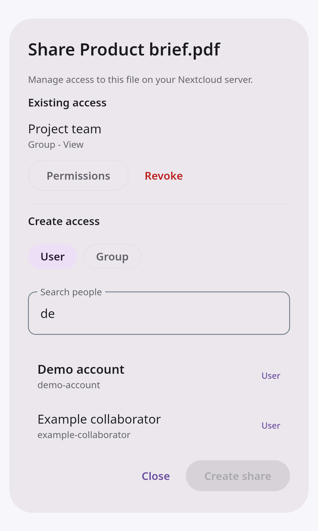 Files Share dialog: User search results