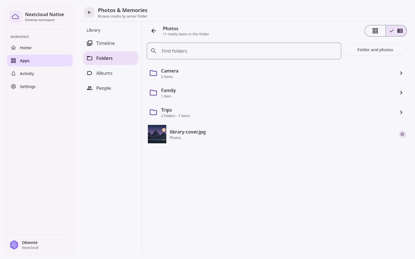 Photos Folder browser: Photo library in list view