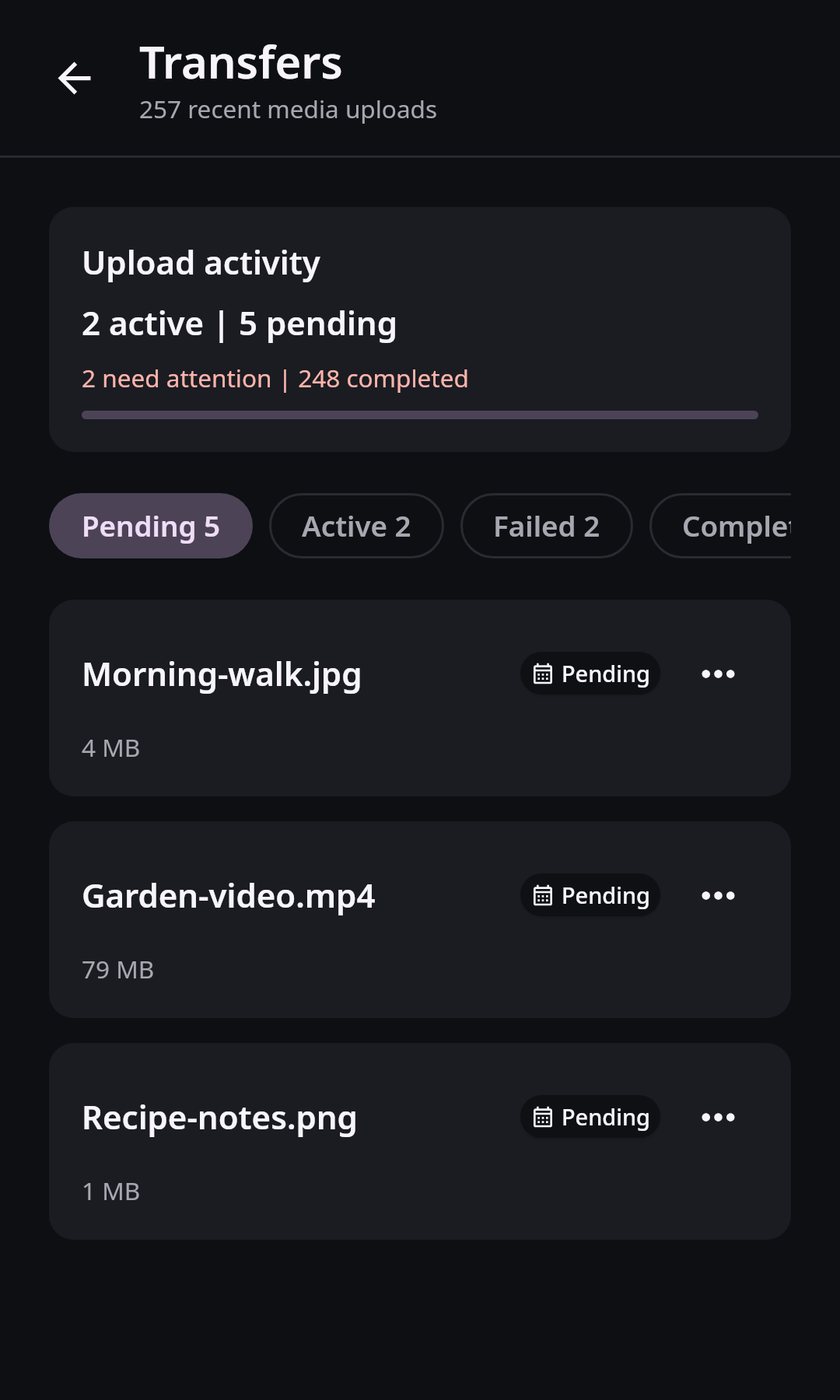 Files Transfer center: Pending uploads